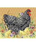 Henrietta Hen  - PDF: We are clucking over this darling barred Plymouth Rock Hen!  
Our hen with chicks in the pansy garden design has to be the easiest way to add some barnyard pals to your home. This fine hen wont be cooped up and could not be more fitting for your farmhouse kitchen. The perfect mate for our King of the Roost. Check out the rest of the Kooler chicken and rooster decor collection.