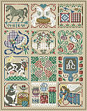 A Year in Cross Stitch Sampler - PDF: The year according to Kooler Design!
Find delight in nature's gifts throughout the seasons. This classic Americana sampler piece by designer Sandy Orton features twelve favorite images of each month highlighted in a lovely cross stitch design.  Makes a stunning sampler stitched as a whole on linen as shown or stitch separately as cute ornaments. A charming, vintage, timeless heirloom design.