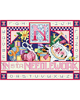 Have fun cross stitching this Needlework inspired sampler! Then see how easy it is to fashion it into a delightful accent for a craft room or sewing room. Depicts all the tools a stitcher needs for their craft, such as a pincushion, scissors, and ribbons, all framed in a delightful checkered border.