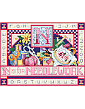 N is for Needlework - PDF: Have fun cross stitching this Needlework inspired sampler! Then see how easy it is to fashion it into a delightful accent for a craft room or sewing room. Depicts all the tools a stitcher needs for their craft, such as a pincushion, scissors, and ribbons, all framed in a delightful checkered border.