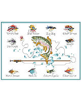 Featuring elegantly framed and colorfully detailed fly baits, this fly fishing cross stitch adds simple, rustic charm to any décor. Relive summers spent fishing at the lakes and streams with family. Remember when you learned to tie up a fly fishing rig, reel in a Rainbow trout, clean it, and fry it up for dinner! This colorful piece is a informative and a great gift for any fly fishing enthusiast. 
