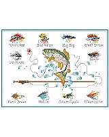 Featuring elegantly framed and colorfully detailed fly baits, this fly fishing cross stitch adds simple, rustic charm to any décor. Relive summers spent fishing at the lakes and streams with family. Remember when you learned to tie up a fly fishing rig, reel in a Rainbow trout, clean it, and fry it up for dinner! This colorful piece is a informative and a great gift for any fly fishing enthusiast. 
