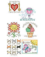 If stitching a full size traditional design seems too daunting, try stitching 6 minis instead. These adorable and uplifting little designs make a unique addition to any project. They would also make great birthday gifts, stitched up on cards, bookmarks or in small frames for that special friend. This whimsical collection includes some of our cutest sayings, such as "Love is the key", "Follow your dreams", "Dream big", "Everything is sweeter", "One cat leads to another", and "Scatter Joy."
