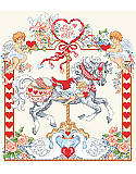 February Forever Carousel Horse - PDF: Get your home ready for February as you stitch this vibrant retro carousel horse!
One in our classic series of twelve carousel horses. This valentine design is filled with lots of hearts, cupid angels, and even a swan couple that is sure to lend a little romance to your home.