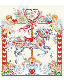 February Forever Carousel Horse - PDF: Get your home ready for February as you stitch this vibrant retro carousel horse!
One in our classic series of twelve carousel horses. This valentine design is filled with lots of hearts, cupid angels, and even a swan couple that is sure to lend a little romance to your home.