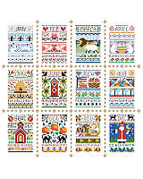 These adorable and charming little samplers fit the seasons and each month of the year and look fabulous as a grouping consisting of all twelve.
