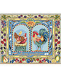 Gallic Rooster - PDF: We love the incredible detail of this authentic French style rooster, hen and chick family, that’s proudly at home in any kitchen. This charmingly French country piece featuring French blues and bright colors to represent the bounty of the land. Juicy berries, feathers, Sunflower, eggs and lavender create a bold and unique border design. One of largest pieces ever released, this will sure to be an heirloom. 

