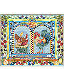 Gallic Rooster - PDF: We love the incredible detail of this authentic French style rooster, hen and chick family, that’s proudly at home in any kitchen. This charmingly French country piece featuring French blues and bright colors to represent the bounty of the land. Juicy berries, feathers, Sunflower, eggs and lavender create a bold and unique border design. One of largest pieces ever released, this will sure to be an heirloom. 

