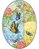 Multi-hued butterflies swirl in this oval counted cross stitch piece in the layered 'grunge' style, so popular in scrap booking and on trend decor. Designed by Linda Gillum of Kooler Design Studio, this romantic piece makes a perfect indoor garden, pillow or picture as a home décor gift for any occasion. 