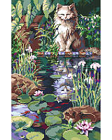 Show off your love for your four-legged kitty friend with this cat themed full coverage cross stitch. This piece brings inspirational style home with this image of a cat contemplating his reflection in a pond. This luscious scene is alive with beautiful calming hues reminiscent of a Monet's watercolors. Give this unique gift to the cat-lover in your life. 