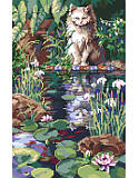 Reflections - PDF: Show off your love for your four-legged kitty friend with this cat themed full coverage cross stitch. This piece brings inspirational style home with this image of a cat contemplating his reflection in a pond. This luscious scene is alive with beautiful calming hues reminiscent of a Monet's watercolors. Give this unique gift to the cat-lover in your life. 