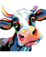 This delightful Colorful Cow by Linda Gillum is in the trendy Color Block style of animal illustration. And Linda's whimsical take is fun and unique with lot's of personality! Our cow's soulful eyes and big pink nose will charm anyone who sees this big, bright and cheerful cross stitch piece. Perfect for farmhouse, playroom or anywhere you want a pop of whimsy.
