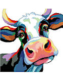 Colorful Cow - PDF: This delightful Colorful Cow by Linda Gillum is in the trendy Color Block style of animal illustration. And Linda's whimsical take is fun and unique with lot's of personality! Our cow's soulful eyes and big pink nose will charm anyone who sees this big, bright and cheerful cross stitch piece. Perfect for farmhouse, playroom or anywhere you want a pop of whimsy.