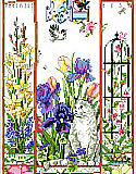 Spring Cat Sampler - PDF:  An adorable white and gray cat sits peacefully among the birds, butterflies and other critters