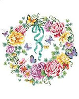 Blossoms and butterflies, buds and bows intertwined in a beautiful and colorful wreath