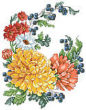 Chrysanthemums - PDF: Beautifully colored fall blooms and richly detailed foliage and berries makes this a unique piece for your autumn and Thanksgiving Day celebrations.  Originally stitched on the corner of a soft afghan throw, this motif would look great on the corner of a table cloth or on towels or a pillow. Goes great with our seasonal blooms collection.