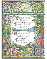 Give your home décor a touch of Tiffany style with this cross stitch that bears a poignant inspirational quote: "The kiss of the sun for pardon, The song of the birds for mirth, One is nearer God’s Heart in a garden Than anywhere else on earth."