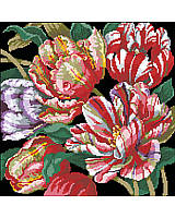 Add timeless beauty to your space with this glamorous cross-stitch parrot tulips arrangement by Barbara Baatz Hillman. Featuring vibrant blooming flowers against a striking black background. Can be made up as a pillow or a picture to add an elegant touch to any room. Mix and match with the Kooler Floral Collection.