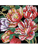 Parrot Tulips - PDF: Add timeless beauty to your space with this glamorous cross-stitch parrot tulips arrangement by Barbara Baatz Hillman. Featuring vibrant blooming flowers against a striking black background. Can be made up as a pillow or a picture to add an elegant touch to any room. Mix and match with the Kooler Floral Collection.