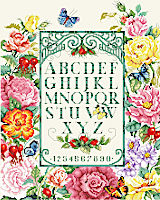 This long out-of-print and much requested cross stitch pattern is back and features a gorgeous and abundant bouquet border of a variety of realistic and detailed roses and butterflies. In the center green trellis border with a matching alphabet. Stitch it up as sampler or create your own custom sentiment or name sign in the middle. A big and stunning masterpiece for the avid stitcher.