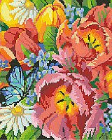 Tulips in a riot of orange, peach and yellow are mixed in with an explosion of daisies and lilacs for one of Kooler Design Studio’s favorite classic floral bouquets.  This timeless and elegant floral design will never go out of style and keep your home in eternal springtime.  
