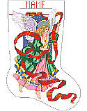 Celestial Angel Stocking - PDF: Bring the joy and beauty of the holiday spirit to your mantel with this easy-to-personalize stocking featuring a festive angel.

