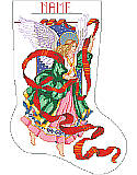 Celestial Angel Stocking - PDF: Bring the joy and beauty of the holiday spirit to your mantel with this easy-to-personalize stocking featuring a festive angel.

