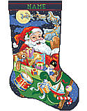 Jolly Old St. Nick Stocking - PDF: Ho Ho Ho! Embrace the spirit of the season with this jolly, bewhiskered Santa on his sleigh and his bag full of toys. We've got a Stocking for everyone so check out the rest of the Kooler collection! 