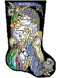 Tiffany Nativity Stocking - PDF: Nancy Rossi gives us an elegant Tiffany style portrait of this classic creche scene.  