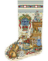 This delightful stocking features a Victorian-inspired music room complete with a violin, piano, trumpet, cello and other instruments. Placed on a fireplace mantle the vintage colors and a musical theme lend a 19th century charm to any holiday decor.
