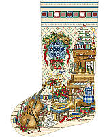 This delightful stocking features a Victorian-inspired music room complete with a violin, piano, trumpet, cello and other instruments. Placed on a fireplace mantle the vintage colors and a musical theme lend a 19th century charm to any holiday decor.
