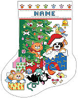 This adorable cross stitch stocking features mischievous kitties and puppies and bunnies playing by the tree, encouraged by the parrot on top!
‘Purr-fectly’ thoughtful, it makes a whimsical Christmas gift idea for any pet lover on your holiday list.