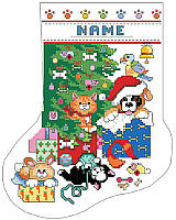 This adorable cross stitch stocking features mischievous kitties and puppies and bunnies playing by the tree, encouraged by the parrot on top!
‘Purr-fectly’ thoughtful, it makes a whimsical Christmas gift idea for any pet lover on your holiday list.