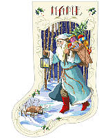 This breathtaking scene of Santa traveling through a lovely winter landscape with his woodland friends inspires warmth and joy for many holidays to come.  Traditional Santa Claus all dressed in blue looks like he stepped out of a cherished Christmas storybook.   

