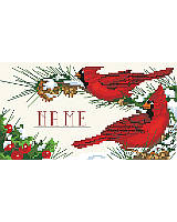 Welcome messengers of peace and goodwill, the crimson cardinals are perched for all to admire upon a winter’s pine branch. Beautifully designed to be completed with your loved one's name. This classic, tranquil scene is the perfect finishing touch to any ornament, holiday sign, pillow or stocking cuff!  
