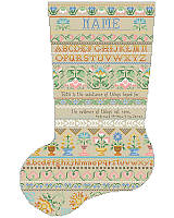 This beautiful floral band sampler stocking makes the perfect Christmas gift! The intricate and lacy style of this timeless piece by Barbara Baatz depicts a pastel alphabet with a verse about faith from Hebrews 11:1. 
Pastel floral borders adorn this quote and can be personalized with your loved one's name, this piece is sure to become a cherished heirloom.