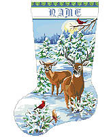 Red cardinals and a pair of deer walk through a stunning winter scene in a heartwarming display of nature's creatures co-existing peacefully on this stocking, lending elegant yet whimsical style to any Christmas décor. Makes a perfect gift for people who love classic Christmas traditions, animals and nature-themed holiday décor.