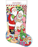 This Santa and Mrs. Claus stocking is bursting with cheerful details sure to pep up your mantel! Santa is wearing a traditional red and white Santa suit and Mrs. Claus is carrying a tray of cookies for all the elves. You'll love the details in this chart, from the old fashioned fireplace, curious cat, toys and the rosy-cheeked elf. A fun stocking for the bakers, mothers, cuddly couples or the cat lovers in your family! This adorable duo will bake their way into your heart!