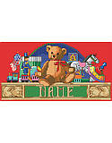 Holiday Toy Shelf - PDF: It's one of our favorite artworks for kids because it's so versatile that it can be used as a sign, small pillow, ornament, picture, stocking cuff or other holiday soft home decor. This design features a teddy bear sitting atop a shelf surrounded by classic toys like tin soldier, train, drum, horse, blocks and a top!