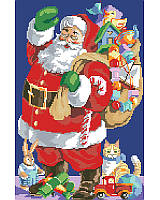 This jolly cross stitch is a stunning depiction of a classic Santa loaded up with Christmas cheer!  
In this scene, Santa is ready to begin his long night's journey! An old-fashioned Santa in a long coat waves at you as he carries his sack filled with goodies, with small toys and gifts at his feet. You'll love the beautiful colors and details in this counted cross stitch picture.