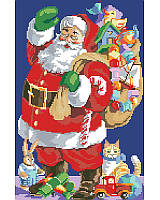 This jolly cross stitch is a stunning depiction of a classic Santa loaded up with Christmas cheer!  
In this scene, Santa is ready to begin his long night's journey! An old-fashioned Santa in a long coat waves at you as he carries his sack filled with goodies, with small toys and gifts at his feet. You'll love the beautiful colors and details in this counted cross stitch picture.