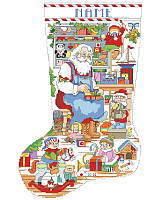 Santa and his elves are busy in his workshop building and painting toys for the good girls and boys in this highly detailed cross stitch Christmas stocking. Remarkably detailed, the Santa's Workshop cross stitch is a must have if you are looking for a personalized Christmas stocking for your mantel.