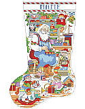 Santa's Workshop Stocking - PDF: Santa and his elves are busy in his workshop building and painting toys for the good girls and boys in this highly detailed cross stitch Christmas stocking. Remarkably detailed, the Santa's Workshop cross stitch is a must have if you are looking for a personalized Christmas stocking for your mantel.