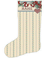 This holiday season will be so romantic with our personalized mistletoe stocking hanging by the chimney. The intricate and lacy style of this timeless piece by Sandy Orton is filled with red ribbon, mistletoe and a heart ornament. This simple yet elegant piece is a perfect companion to any and all of our classic collection of Heirloom Stockings. This one was designed to match up with our Home For Christmas Heirloom Stocking. 