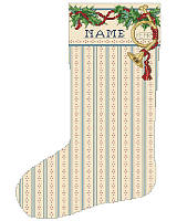Heirloom Stocking collection and this one was made especially to match up with our Music Room Heirloom Stocking. The intricate and lacy style of this timeless piece by Sandy Orton is filled with subtle wallpaper style rows, topped with a horn and chain of winter greenery and ribbons.