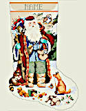Woodland Santa Stocking - PDF : Embrace the spirit of the season with this jolly, bewhiskered Santa traveling through a lovely winter forest with his woodland friends. Traditional Santa Claus is dressed in his red cloak and looking like he stepped out of a cherished Christmas storybook. Perfect for the man in your life.