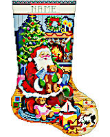 This charming Santa with his bag full of toys is a joyous sign of the holiday Season.
You'll love stitching all the fun details, including teddy bears, toys and and a cozy fire in the fireplace. A fun cross stitch and an instant heirloom stocking.