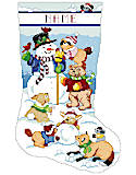 Snowman and Animals Stocking - PDF: Create a fun Christmas stocking featuring our cheerful snowman and group of critter friends playing in the snow. Accompanying our snowman, you'll find birds, a raccoon, bunnies, a bear, a fox, and very cute little mice. Personalize this sweet, traditional stocking for a the perfect gift for any animal lover!
