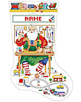 Santa's happily creating a merry moment for a lucky boy or girl by painting a toy rocking horse with bright primary colors in this charming cross stitch stocking from Kooler Design. Santa's workshop is filled with toys such as a train set, drum and sleigh. This stocking would be perfect for the hobbyist in your life or anyone in the family!
