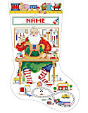 Santa in His Workshop Stocking - PDF: Santa's happily creating a merry moment for a lucky boy or girl by painting a toy rocking horse with bright primary colors in this charming cross stitch stocking from Kooler Design. Santa's workshop is filled with toys such as a train set, drum and sleigh. This stocking would be perfect for the hobbyist in your life or anyone in the family!
